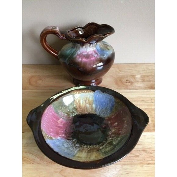 4 Piece Set Ceramic Drip Glaze Pottery 2 Pitchers & 2 Plates 4.5" x 4" Japan VTG - Picture 11 of 11